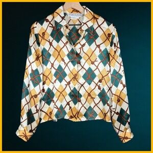Vintage Starington 100% Silk Blouse Equestrian Horse‎ Argyle Old Money 80s 90s 8
